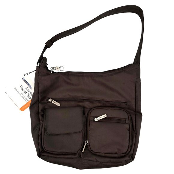 NWT Travelon Anti-Theft Bucket Tote Bag Multiple Zipper Pockets Brown - Picture 1 of 13